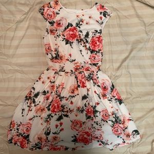 White dress with red and pink roses